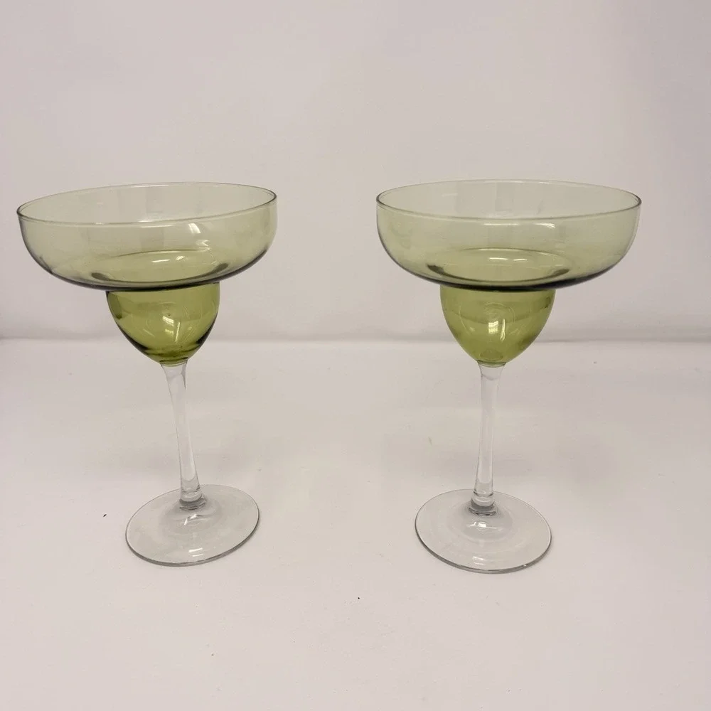 2 Hand-Blown Avocado Green Margarita Glasses with Clear Stems‎ - 7 1/2